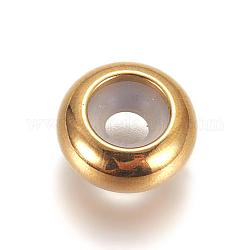 Perles en 304 acier inoxydable avec placage sous vide, avec caoutchouc à l'intérieur, perles de curseur, perles de bouchage, rondelle, or, 10x4~5mm, Trou: 5mm, trou en caoutchouc: 3.5 mm