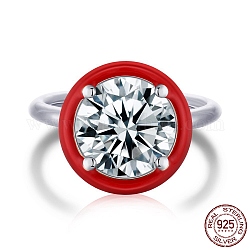 925 серебряное кольцо с родиевым покрытием, кольцо с камнем, Реальная платина, с эмалью и цирконием для женщин, плоско-круглые, красные, 1.8 мм, размер США 7 (17.3 мм)
