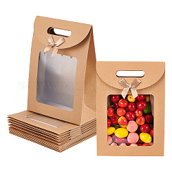 NBEADS 12 Pcs Tan Kraft Paper Bags, Stand Up Gift Bags with Handles and Transparent Window for Candy Cookies Packaging Wedding Christmas Party Store Retail, 10.43×3.58×10.24