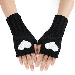 Gants sans doigts à tricoter en fil de fibre acrylique, gants chauds d'hiver à motif coeur bicolore avec trou pour le pouce, noir, 200x85mm