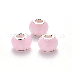 Handgemachte glasperlen murano glas großlochperlen, Großloch perlen, mit Platin-Ton Messing Doppeladern, Rondell, rosa, 14~15x9~10 mm, Bohrung: 5 mm