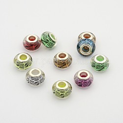 Geometric Pattern Resin European Beads, Large Hole Rondelle Beads, with Silver Tone Brass Cores, Mixed Color, 14x9mm, Hole: 5mm