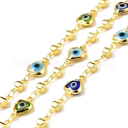Handmade Brass Heart with Glass Evil Eye Link Chain, Long-Lasting Plated, Soldered, with Spool, Colorful, Link: 8x3.5x2.5mm, 12x8x2.5mm