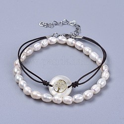 Stackable Bracelets Sets, with Natural Freshwater Pearls, Freshwater Shell Links, 304 Stainless Steel Findings and Cowhide Leather Cord, with Burlap Paking Pouches Drawstring Bags, White & Black, 7-1/4 inch(18.5cm), 2mm, 2 inch(5cm), 5.5~6mm, 2pcs/set