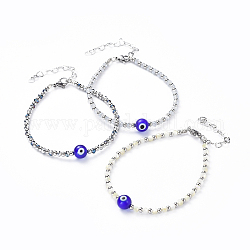 Evil Eye Lampwork Bead Bracelets, with Electroplate Glass & 304 Stainless Steel Beads, Lobster Claw Clasps and Heart Extender Chains, Round, Mixed Color, 7-1/4 inch(18.5cm)