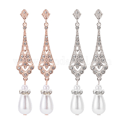 ANATTASOUL 2 Pairs 2 Colors Plastic Pearl Dangle Stud Earrings with Rhinestone, Alloy Hollow Teardrop Long Drop Earrings with 316 Stainless Steel Pins, Platinum & Rose Gold, 73.5x12.5mm, 1 Pair/color