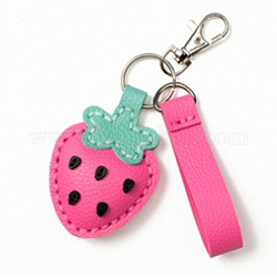DIY Strawberry Keychain Kits, Including PU Leather, Cotton, Cotton Thread and Iron Findings, Hot Pink, 52x52x1.5mm, Hole: 1mm