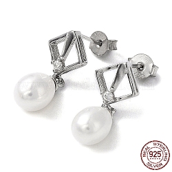 Cubic Zirconia Rhombus with Natural Pearl Dangle Stud Earrings, Rhodium Plated 925 Sterling Silver Earrings for Women, Platinum, 22x9.5mm