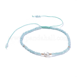 Bracciali di perline intrecciati con filo di nylon regolabile, con perle di semi di vetro e grado perle naturali d'acqua dolce, acqua, 2-1/8 pollice (5.3 cm)