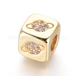 Brass Beads, with Micro Pave Cubic Zirconia, Cube with Planet, Clear, Golden, 6x6x6mm, Hole: 3mm