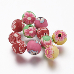 Handmade Polymer Clay Round Beads, with Flower Pattern, Mixed Color, 6x6mm, Hole: 1mm