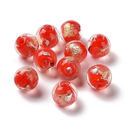 Main feuille de perles de verre au chalumeau d'or, ronde, rouge, 8mm, Trou: 1.4mm