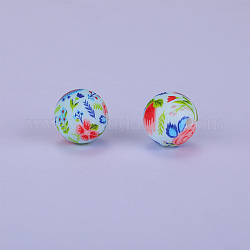 Rond imprimé avec perles focales en silicone à motif floral, cyan clair, 15x15mm, Trou: 2mm