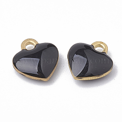 Brass Charms, Enamelled Sequins, Raw(Unplated), Heart, Black, 10x9x2mm, Hole: 1.5mm