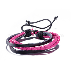 Cuero trenzado ajustable retro pulseras de varias vueltas, de color rosa oscuro, 300mm