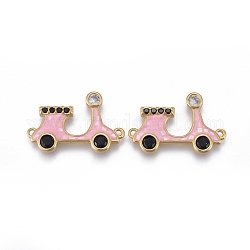 Brass Micro Pave Cubic Zirconia Links, with Enamel & Natural Shell Slice, Long-Lasting Plated, Motorbike, Clear & Black, Golden, Pink, 15.5x23.5x2.5mm, Hole: 1.2mm