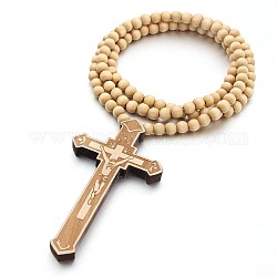 Collana pendente croce in legno con catene tonde di perline per uomo donna, Burlywood, 35.43 pollice (90 cm)