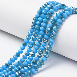 Electroplate Opaque Glass Beads Strands, Half Gray Plated, Faceted, Rondelle, Deep Sky Blue, 8x6mm, Hole: 1mm, about 65~68pcs/strand, 15.7~16.1 inch(40~41cm)