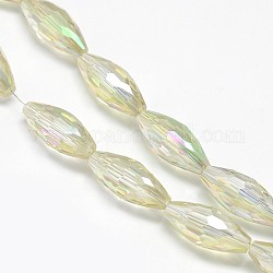 Electroplate Crystal Glass Rice Beads Strands, Faceted, Rainbow Color Plated, Yellow Green, 19x8mm, Hole: 1mm, about 40pcs/strand, 29.1 inch