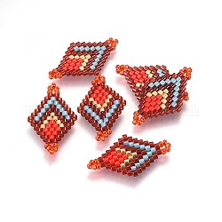Miyuki & Toho handgemachte japanische Saatperlen Verbinder, Webstuhl Muster, Rhombus, rot, 23~24x13~14x1.7 mm, Bohrung: 1.5 mm