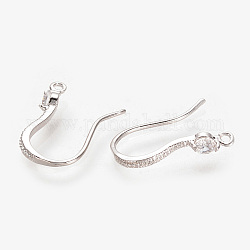 Brass Cubic Zirconia Earring Hooks, Ear Wire, with Horizontal Loop, Nickel Free, Real Platinum Plated, 16x11x1.5mm, Hole: 1mm, 20 Gauge, Pin: 0.8mm