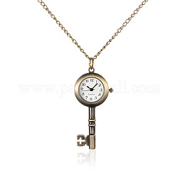 Alloy Key Pendant Necklace Quartz Pocket Watch, with Iron Chains and Lobster Claw Clasps, Antique Bronze, 31.7inch, Watch Head: 55x26x7.5mm, Watch Face: 12.5x12.5mm