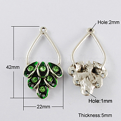 Alloy Chandelier Component Links, Cadmium Free & Lead Free, with Rhinestone, Enamel Style, teardrop, Antique Silver, Green, 42x22x5mm, Hole: 1~2mm