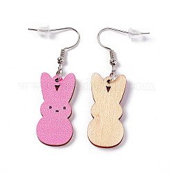 Boucles d'oreilles lapin en bois, boucle d'oreille en fer platine avec écrou d'oreille pour femme, rose chaud, 52mm, pin: 0.7 mm, pendentif: 31x14.5x2.7 mm