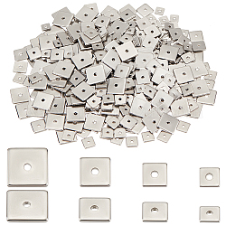 PandaHall Elite 400Pcs 4 Styles 304 Stainless Steel Spacer Beads, Square, Stainless Steel Color, 4~8x4~8x0.8~1mm, Hole: 1.2mm, 100pcs/style