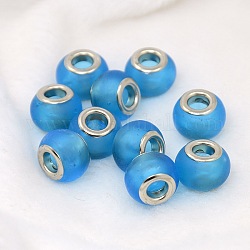 Handmade Lampwork European Beads, with Platinum Brass Double Cores, Rondelle, DeepSky Blue, 13~14x10mm, Hole: 4.2mm