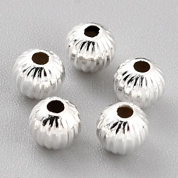 Долговечные латунные бусины, гофрированные шарики, круглые, 925 серебро покрытием, 5x4.5 мм, отверстие : 1.5 мм