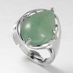 Регулируемые широкие кольца из латуни с драгоценными камнями в виде слезинки платинового тона, зеленый авантюрин, 18 мм, лоток : 20x17 мм
