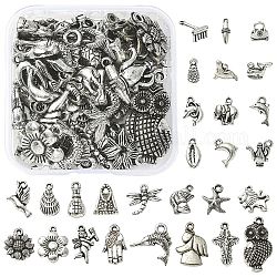 20g CCB Plastic Beads, for DIY Jewelry Making, Girl & Owl & Clover & Cross & Moneybag & Shell & Fish & Butterfly, Antique Silver, 7~29x11~18x2~7mm, Hole: 1.4~3mm