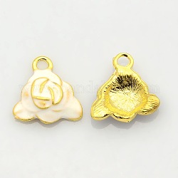 黄金のトーン合金エナメルの花のペンダント  バラのチャーム  ホワイト  16x16x4mm  穴：2mm