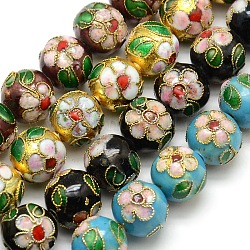 Vintage Handmade Flower Pattern Cloisonne Round Bead Strands, Mixed Color, 11mm, Hole: 1mm, about 14.4inch, 33pcs/strand