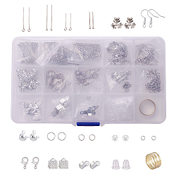 DIY Jewelry Finding Kits, with Iron Head Pins & Eye Pins & Folding Crimp Ends & Ribbon Ends & Earring Hooks & Bead Caps & Bead Tips & Jump Rings, Brass Assistant Tool, Zinc Alloy Lobster Claw Clasps, Platinum, 18x10.5x2.2cm