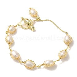 Natural Pearl Beaded Bracelets, Brass Wire Wrapped Bracelet with Flower Clasps, Real 14K Gold Plated, 7-3/8 inch(18.8cm)