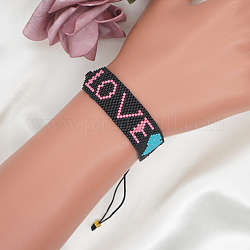 Bracelet en perles de rocaille miyuki tressées, mot amour coeur bracelet d'amitié pour les femmes, noir, 11 pouce (28 cm)