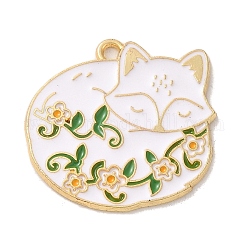 Emaille Anhänger Legierung, golden, Katze mit Blumenanhänger, weiß, 24.5x25x1 mm, Bohrung: 1.6 mm