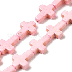 Hilos de perlas sintéticas teñidas de turquesa, religión cruz, rosa brumosa, 15.5x12x4mm, agujero: 1.4 mm, aproximamente 24~26 pcs / cadena, 14.96''~16.14'' (38~41 cm)