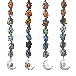 7 Chakra Gemstone Pouch Pendant Decorations, Tibetan Style Alloy Moon Charm and Nylon Thread Hanging Ornaments, 310~330mm
