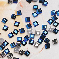 Cabochons de strass en verre à dos plat, accessoires nail art de décoration, carrée, bleu capri, 3x3mm