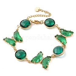 Bracelets à maillons en verre vert, avec des chaînes en laiton doré, papillon, 9-1/4 pouce (23.5 cm), rallonge de 60 mm