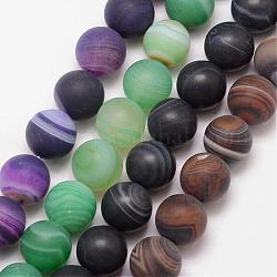 Natural Striped Agate/Banded Agate Bead Strands, Round, Grade A, Frosted, Dyed & Heated, Mixed Color, 6mm, Hole: 1mm, about 61pcs/strand, 15 inch