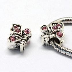 Perles européennes en alliage avec strass, Perles avec un grand trou   , papillon, argent antique, rose clair, 12x11x8mm, Trou: 5mm
