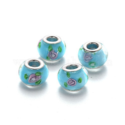 Handgemachte glasperlen murano glas großlochperlen, großes Loch Rondell Perlen, mit Platin-Ton Messing Doppeladern, Himmelblau, 14~15x9~10 mm, Bohrung: 5 mm