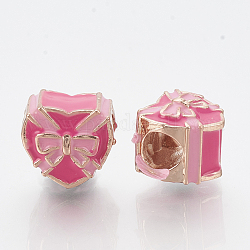 Perline in lega europeo, con smalto, perline con foro grande, cuore con il bowknot, rosa intenso, oro roso, 10.5x12x11mm, Foro: 5 mm