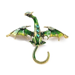 Broches en strass en alliage de dragon, épingles en émail, badge en alliage pour unisexe, Or antique, verte, 74x88x16mm