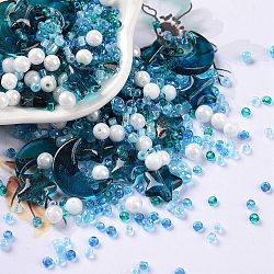 Kit de búsqueda de fabricación de joyas de diy, cuentas de vidrio y semillas, ronda y estrella y luna, azul medio, 2~16x2~12x3~7mm, agujero: 0.8~1.2 mm