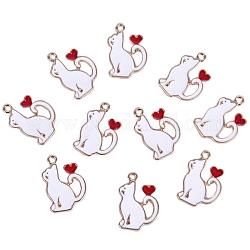 Pendentifs en émail d'alliage de la saint-valentin, or clair, chat avec breloque coeur, blanc, 21x15mm